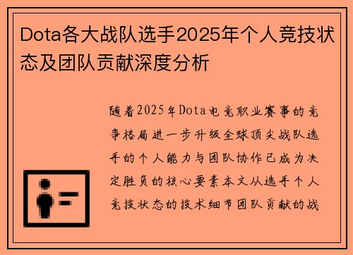 Dota各大战队选手2025年个人竞技状态及团队贡献深度分析