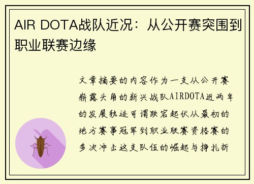 AIR DOTA战队近况：从公开赛突围到职业联赛边缘